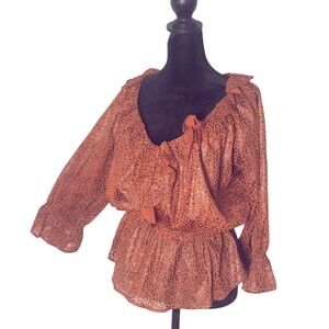 Entro Leopard Print Peplum Top‎ Womens S Shimmer V Neck Ruffle 3/4 Sleeve NEW